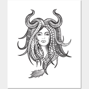 Confident Taurus Woman with Horns and Geometrical Tattoo Design Posters and Art